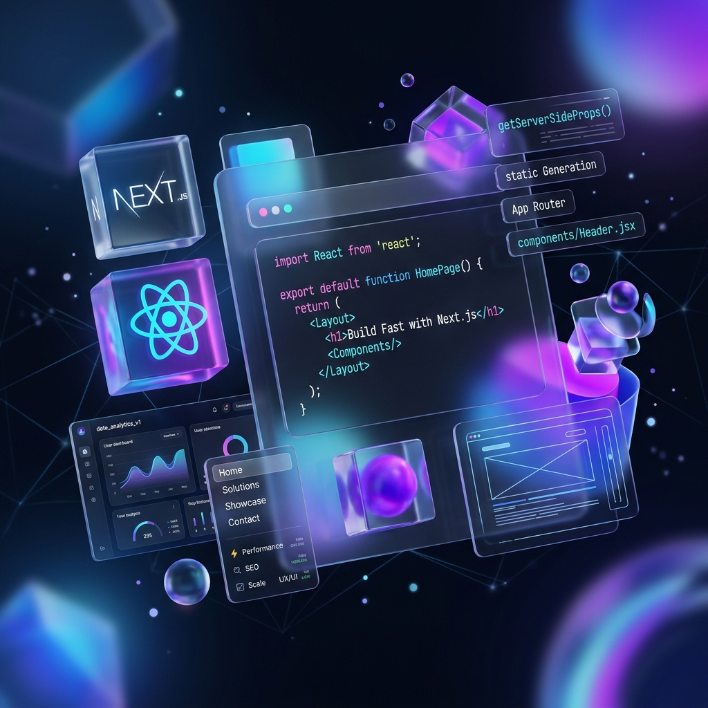 FASAK SQUAD Custom Web Development visual showing abstract neon glowing components, React structure, and dashboard metrics